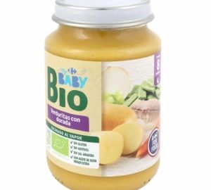 Tarrito de verduritas con dorada desde 8 meses ecológico Carrefour Baby Bio sin gluten 200 g.