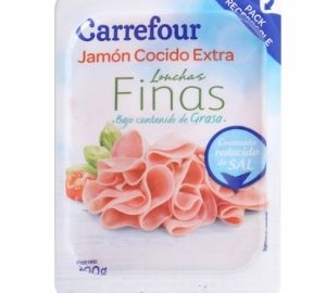 Jamón cocido extra lonchas finas bajo contenido en grasas Carrefour 200 g.