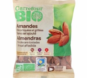 Almendras tostadas sin cáscara sin sal añadida ecológicas Carrefour Bio 90 g.